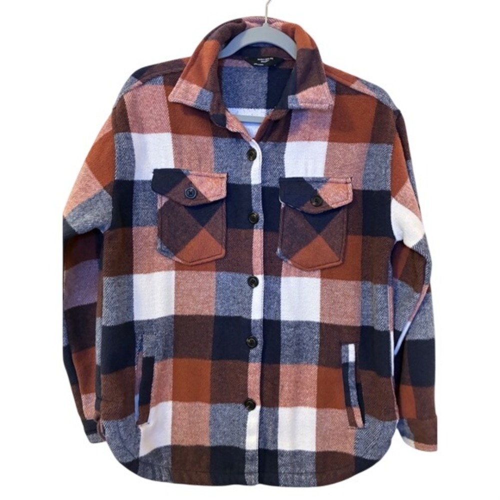 Member's Mark Plaid Shacket Orange Navy Blue White Fleece Shirt Jacket Small
